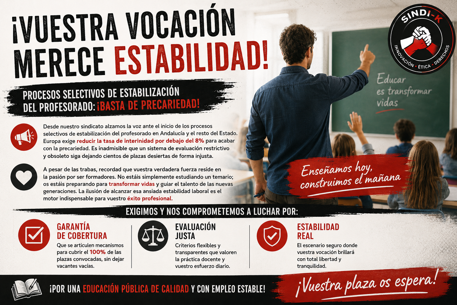 ¡OPOSICIONES DOCENTES: POR LA ESTABILIDAD REAL Y LA VOCACIÓN FORMADORA! - SINDI-K